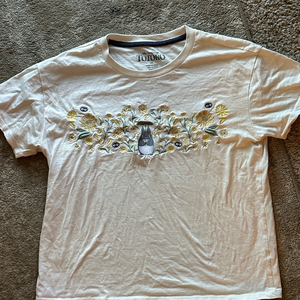 My Neighbor Totoro Cream T-Shirt with Embroidered Floral Design